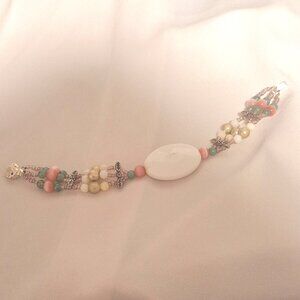 Artisan Beaded 3 Strand White Gemstone Iridescent Glass Pink Cats Eye Bracelet